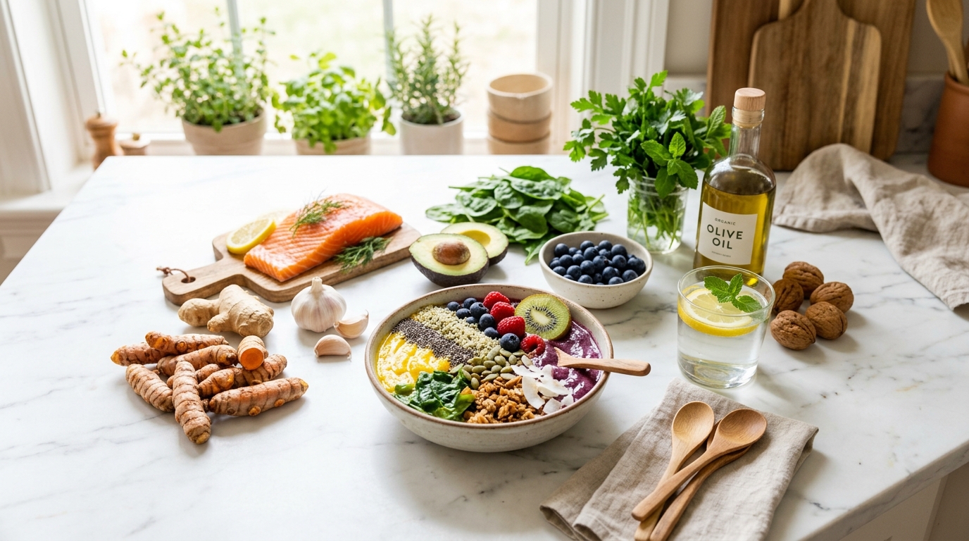 Anti-inflammatory diet food spread on table