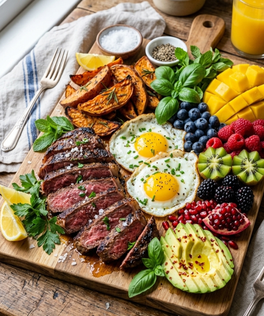 Steak and Eggs Board with Roasted Sweet Potatoes, Fresh Berries, Mangoes, Pomegranate Arils, Kiwis, and Avocado