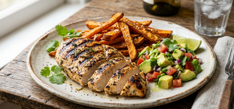 Grilled Chicken with Sweet Potato Fries and Avocado Salsa
