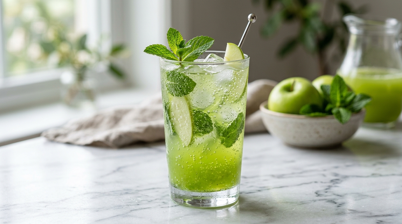 Green apple soda with fresh mint leaves