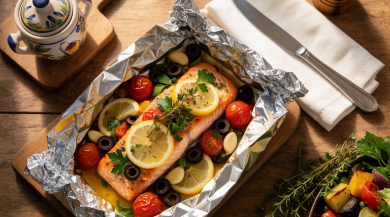 Mediterranean salmon baked in foil with herbs
