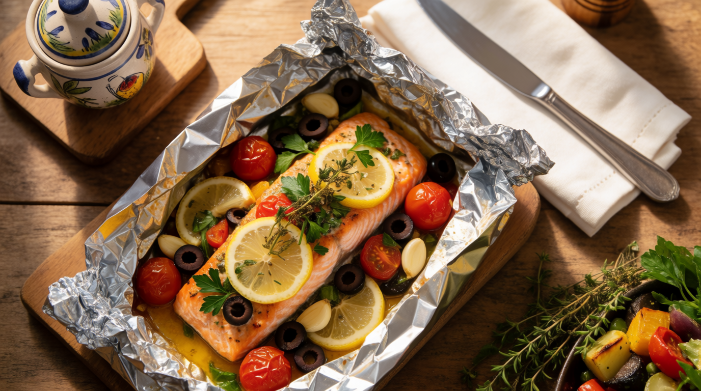 Mediterranean salmon baked in foil with herbs