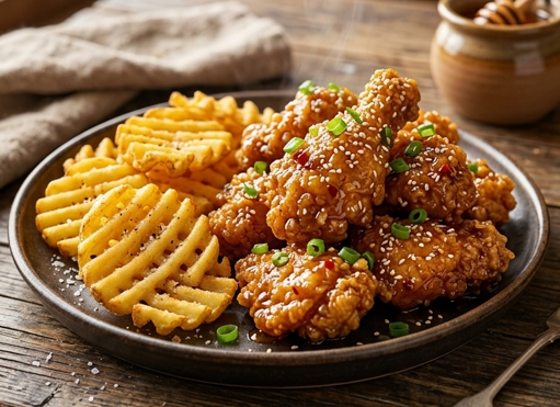 Ultimate Crispy Honey Garlic Fried Chicken & Waffle Fries Recipe