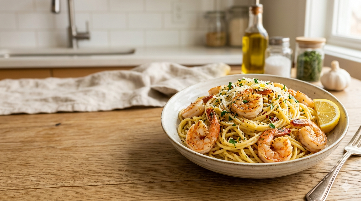 Quick garlic butter shrimp pasta meal