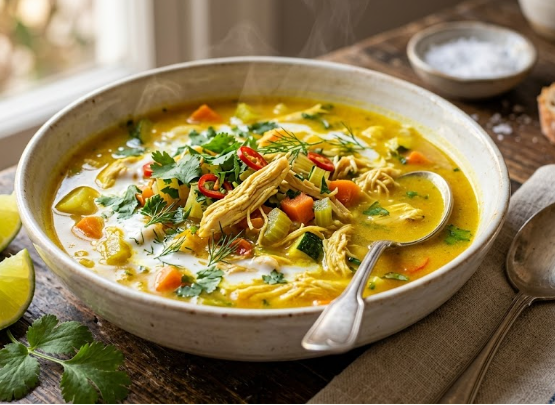 Golden Turmeric Chicken Soup with Coconut Swirl and Fresh Herbs Recipe